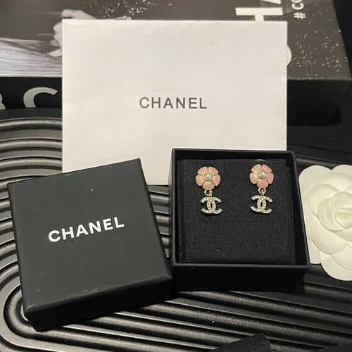 Chanel 26C Pink Camellia Diamond 18K Gold Earrings