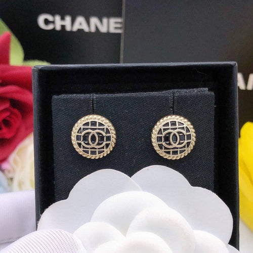 Chanel Black & Gold Round 18K Gold Earrings