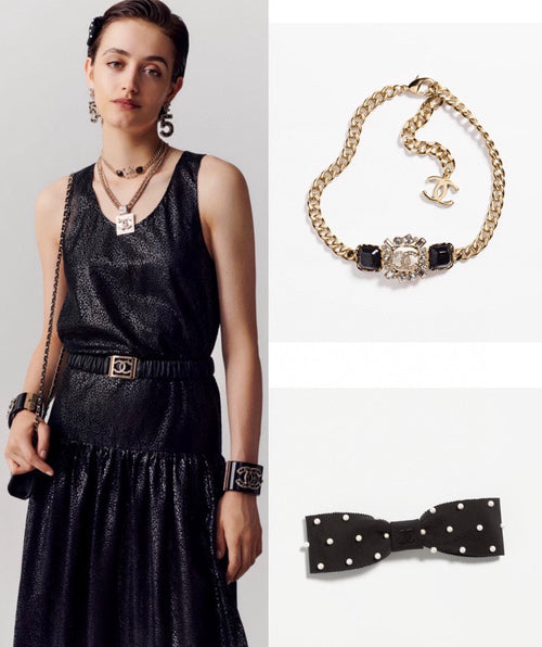 Chanel Black Crystals Chain 18K Gold Necklace