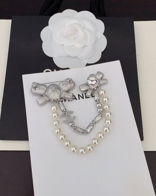 Chanel Black Bow Pearls 18K Gold Brooch