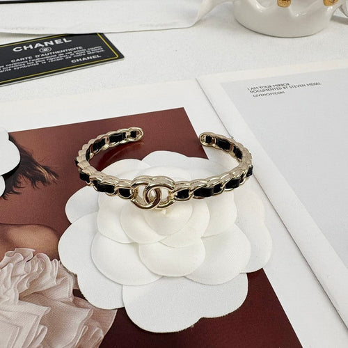 Chanel Black Leather Cuff 18K Gold Bracelet