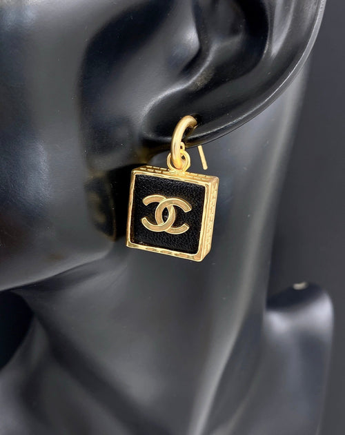 Chanel Black Bag Pendant 18K Gold Earrings