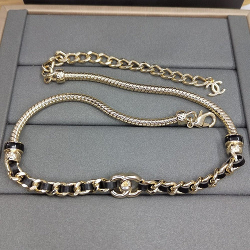 Chanel Black Leather Gold Chain 18K Gold Necklace