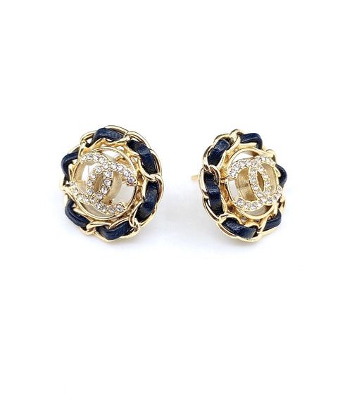 Chanel Black Leather 18K Gold Earrings