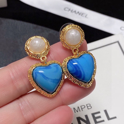 Chanel Blue Heart Pearl 18K Gold Earrings